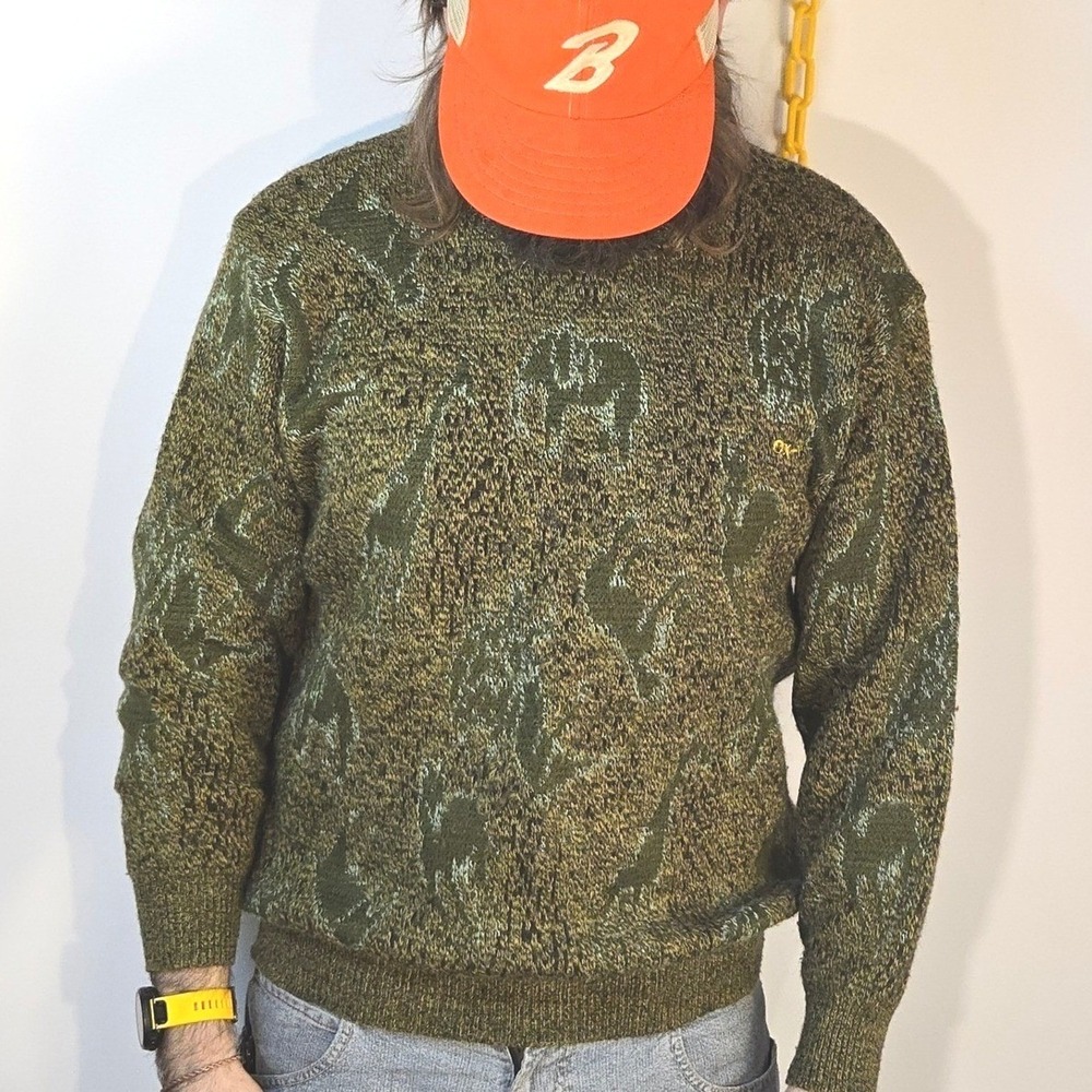VTG X + Y Knit‎ Wool XL Sweater Acrylic Green Animal Pattern Knit Crewneck 1990s